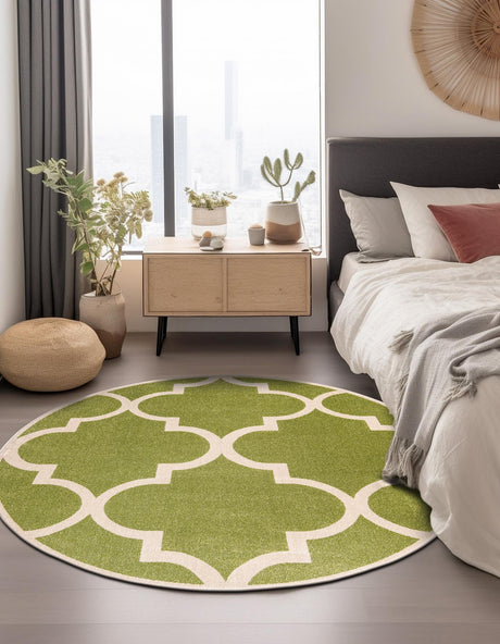 Green 6' 1 x 6' 1 Trellis Round Area Rug Geometric Modern Unique Durable Easy Clean Carpet for Contemporary Interior Design for Sale at Rug Engine
