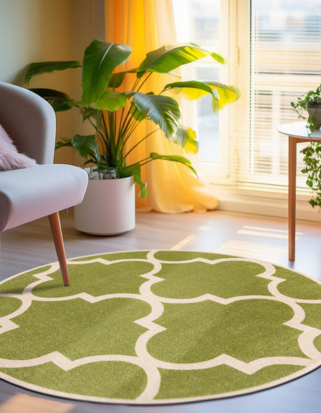 Green 6' 1 x 6' 1 Trellis Round Area Rug Geometric Modern Unique Durable Easy Clean Carpet for Contemporary Interior Design for Sale at Rug Engine