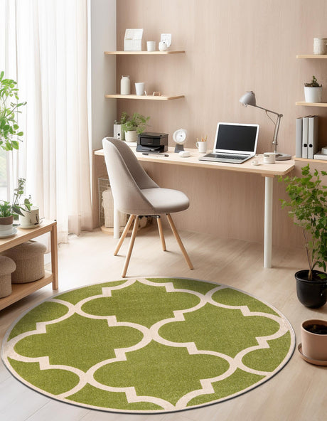 Green 6' 1 x 6' 1 Trellis Round Area Rug Geometric Modern Unique Durable Easy Clean Carpet for Contemporary Interior Design for Sale at Rug Engine