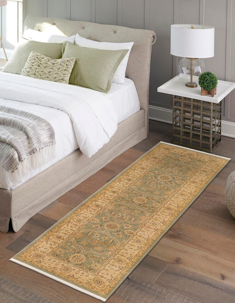 Light Green 2' 7 x 10' Edinburgh Runner Area Rug 100% Polypropylene Easy Clean With Cotton Backing Traditional Classic Design Carpet for Living, Dining Room, Office for Sale at Rug Engine