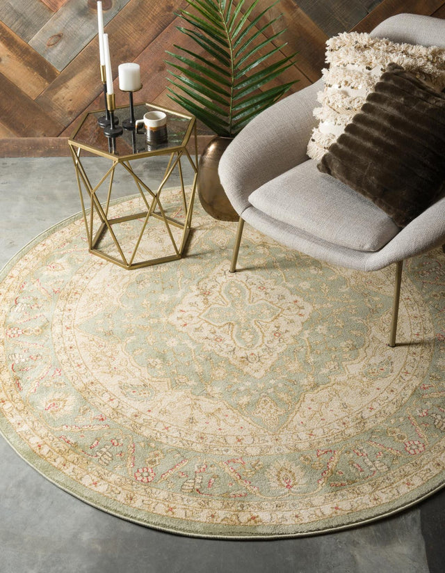Light Green 6' 1 x 6' 1 Edinburgh Round Area Rug 100% Polypropylene Easy Clean With Cotton Backing Traditional Classic Design Carpet for Living, Dining Room, Office for Sale at Rug Engine
