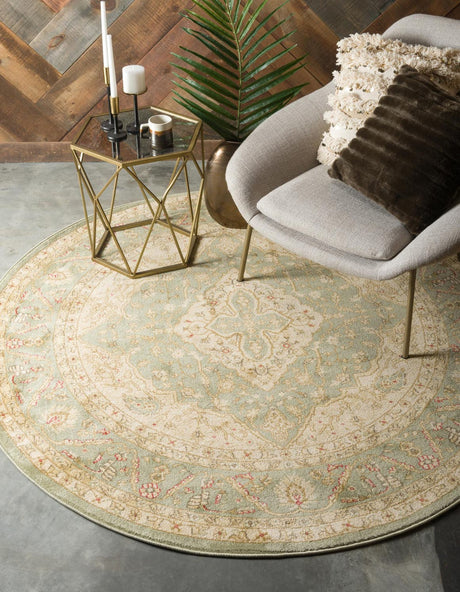 Light Green 8' x 8' Edinburgh Round Area Rug 100% Polypropylene Easy Clean With Cotton Backing Traditional Classic Design Carpet for Living, Dining Room, Office for Sale at Rug Engine