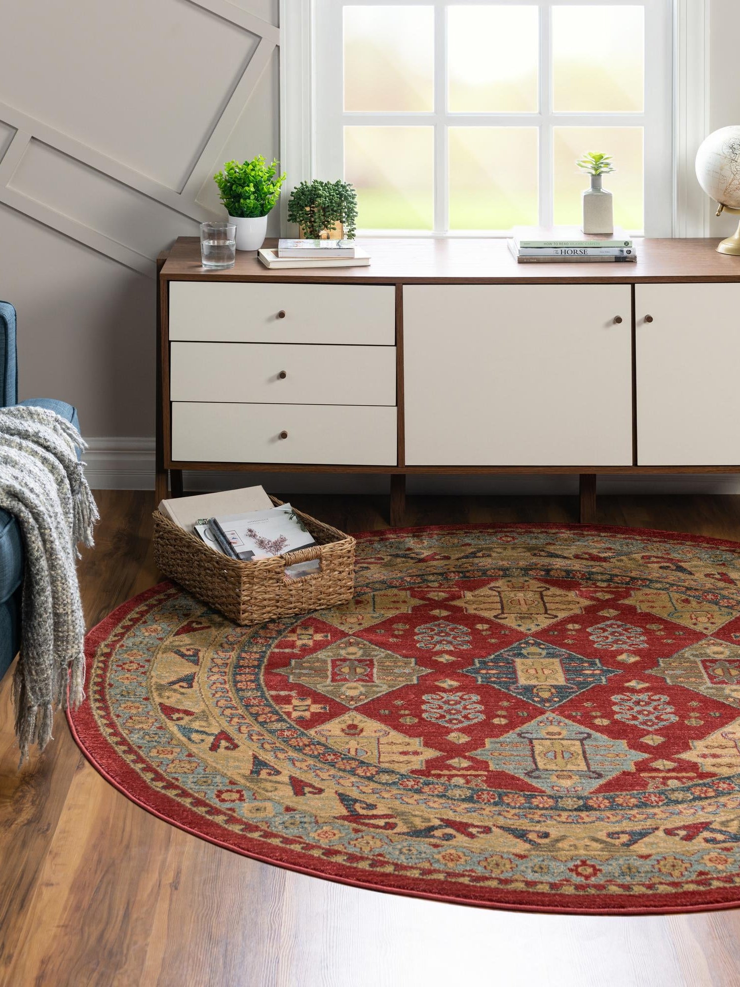 Red 6' 1 x 6' 1 Sahand Round Area Rug Affordable Easy Clean Traditional Design Durable Carpet for Home Interior Design Living Room Dining Office for Sale at Rug Engine