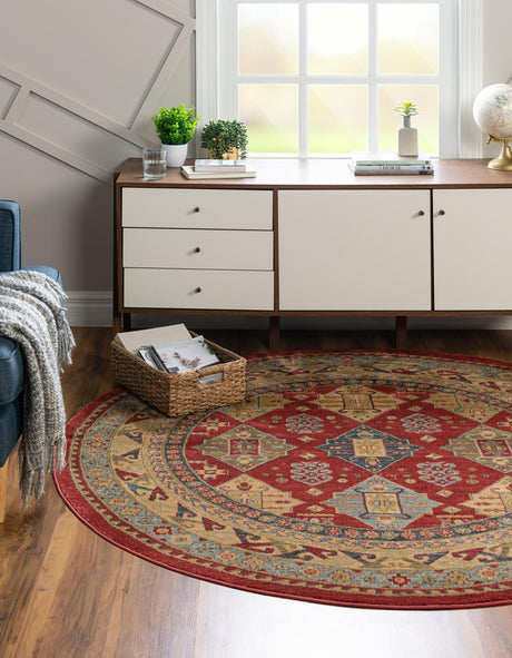 Red 6' 1 x 6' 1 Sahand Round Area Rug Affordable Easy Clean Traditional Design Durable Carpet for Home Interior Design Living Room Dining Office for Sale at Rug Engine