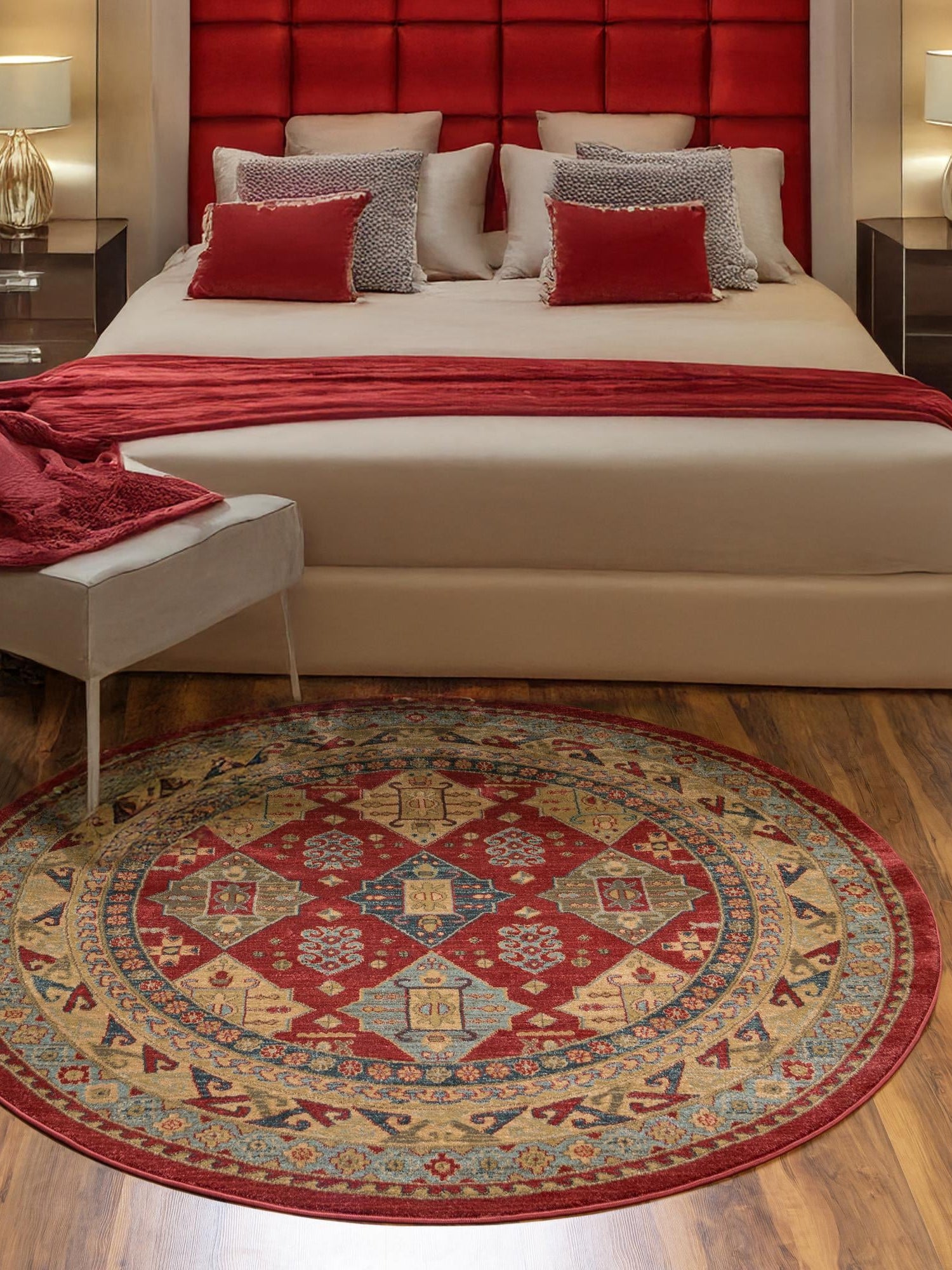 Red 6' 1 x 6' 1 Sahand Round Area Rug Affordable Easy Clean Traditional Design Durable Carpet for Home Interior Design Living Room Dining Office for Sale at Rug Engine