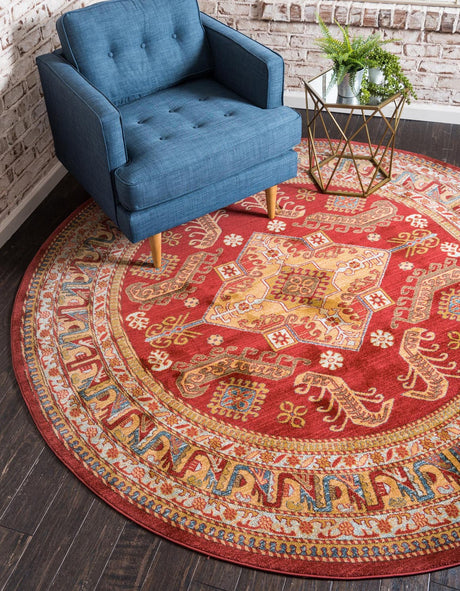 Red 8' x 8' Sahand Round Area Rug Affordable Easy Clean Traditional Design Durable Carpet for Home Interior Design Living Room Dining Office for Sale at Rug Engine