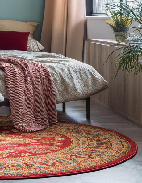 Red 6' 1 x 6' 1 Sahand Round Area Rug Affordable Easy Clean Traditional Design Durable Carpet for Home Interior Design Living Room Dining Office for Sale at Rug Engine
