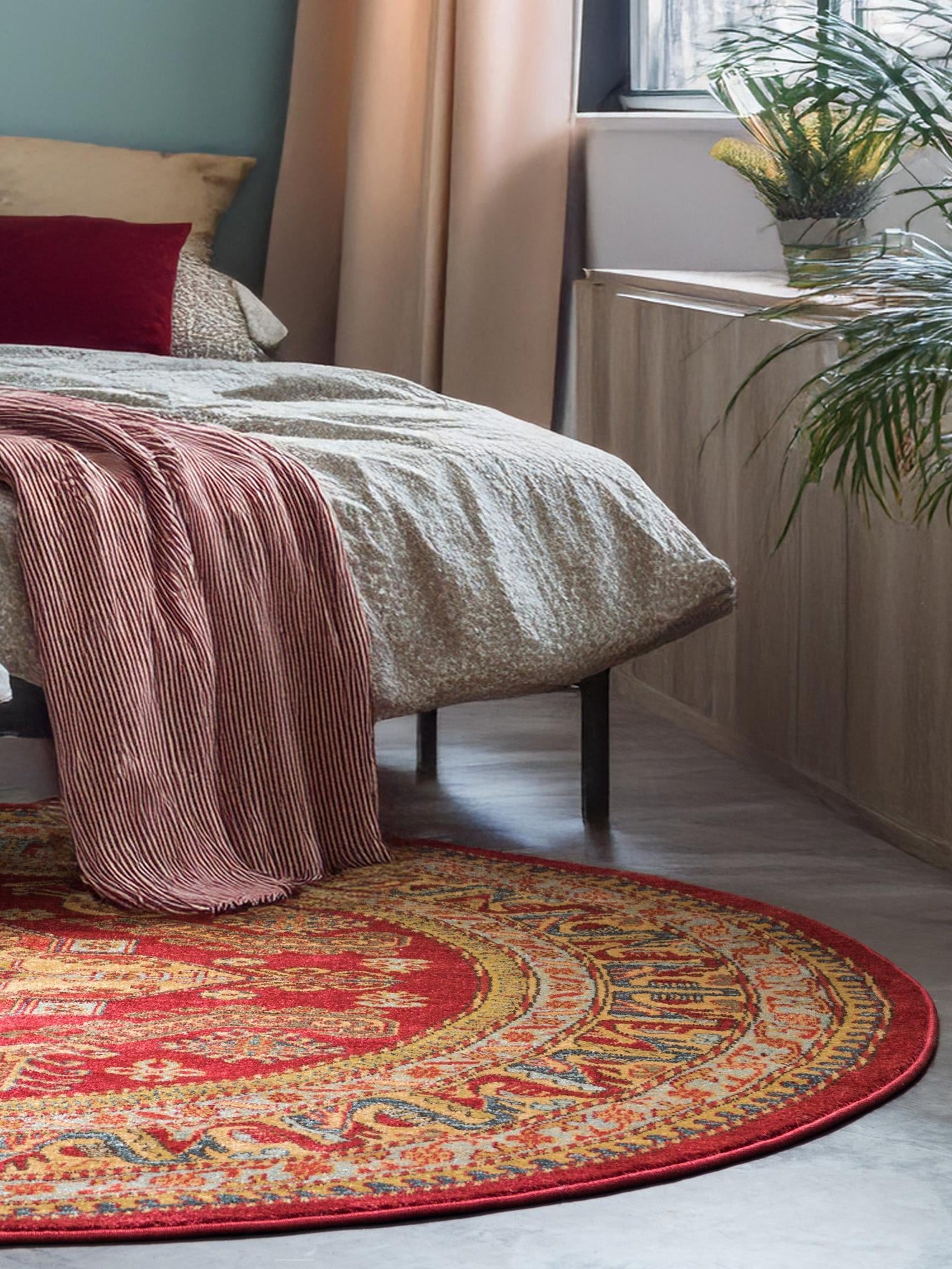 Red 8' x 8' Sahand Round Area Rug Affordable Easy Clean Traditional Design Durable Carpet for Home Interior Design Living Room Dining Office for Sale at Rug Engine