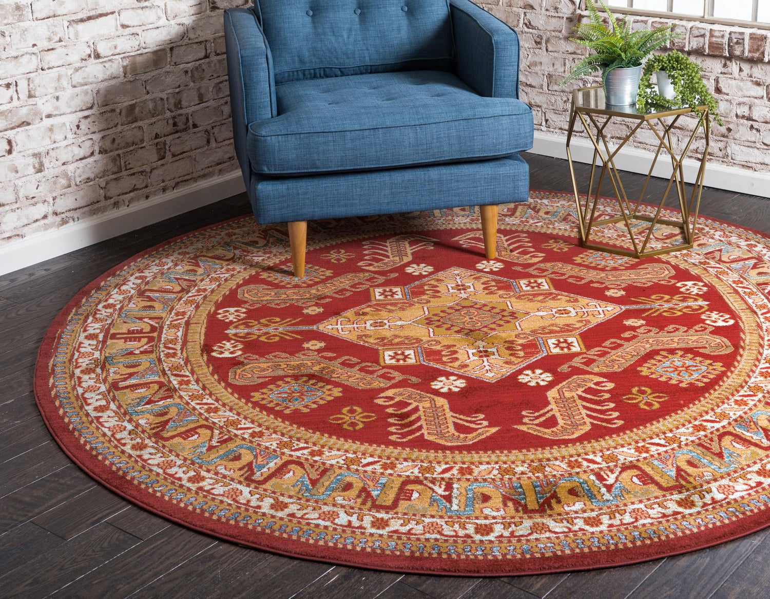 Red 8' x 8' Sahand Round Area Rug Affordable Easy Clean Traditional Design Durable Carpet for Home Interior Design Living Room Dining Office for Sale at Rug Engine