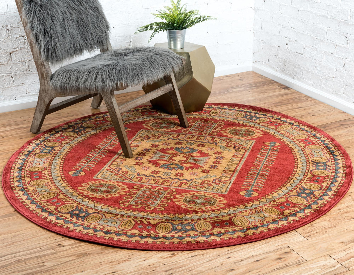 Red 6' 1 x 6' 1 Sahand Round Area Rug Affordable Easy Clean Traditional Design Durable Carpet for Home Interior Design Living Room Dining Office for Sale at Rug Engine