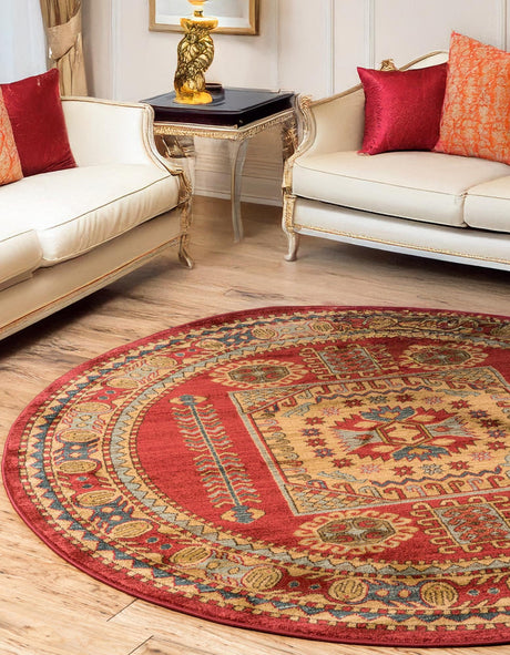 Red 8' x 8' Sahand Round Area Rug Affordable Easy Clean Traditional Design Durable Carpet for Home Interior Design Living Room Dining Office for Sale at Rug Engine