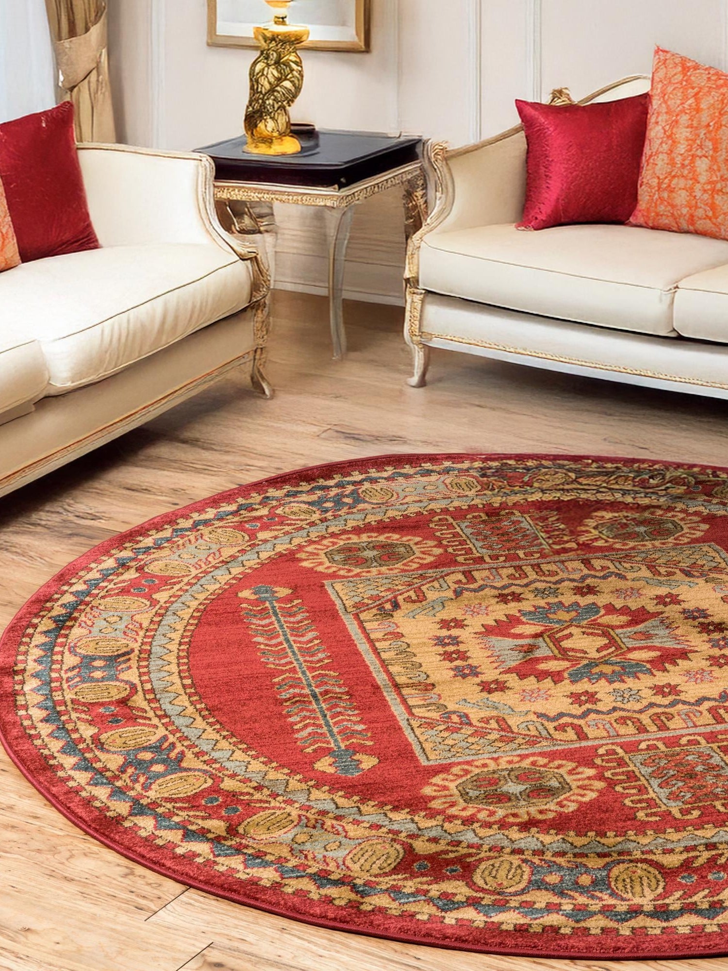 Red 6' 1 x 6' 1 Sahand Round Area Rug Affordable Easy Clean Traditional Design Durable Carpet for Home Interior Design Living Room Dining Office for Sale at Rug Engine