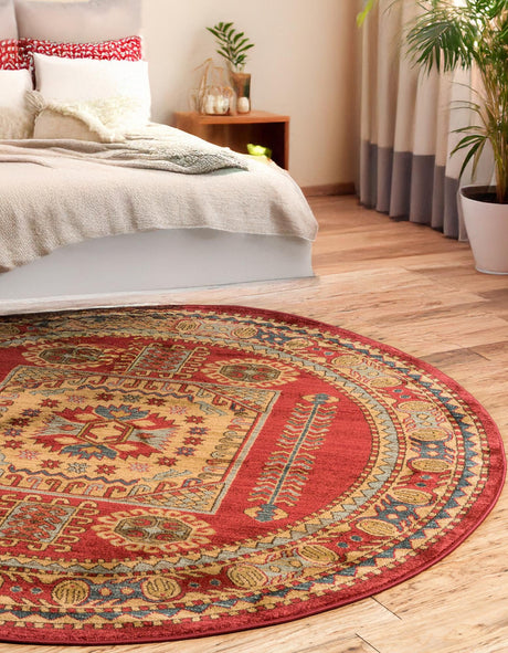 Red 8' x 8' Sahand Round Area Rug Affordable Easy Clean Traditional Design Durable Carpet for Home Interior Design Living Room Dining Office for Sale at Rug Engine