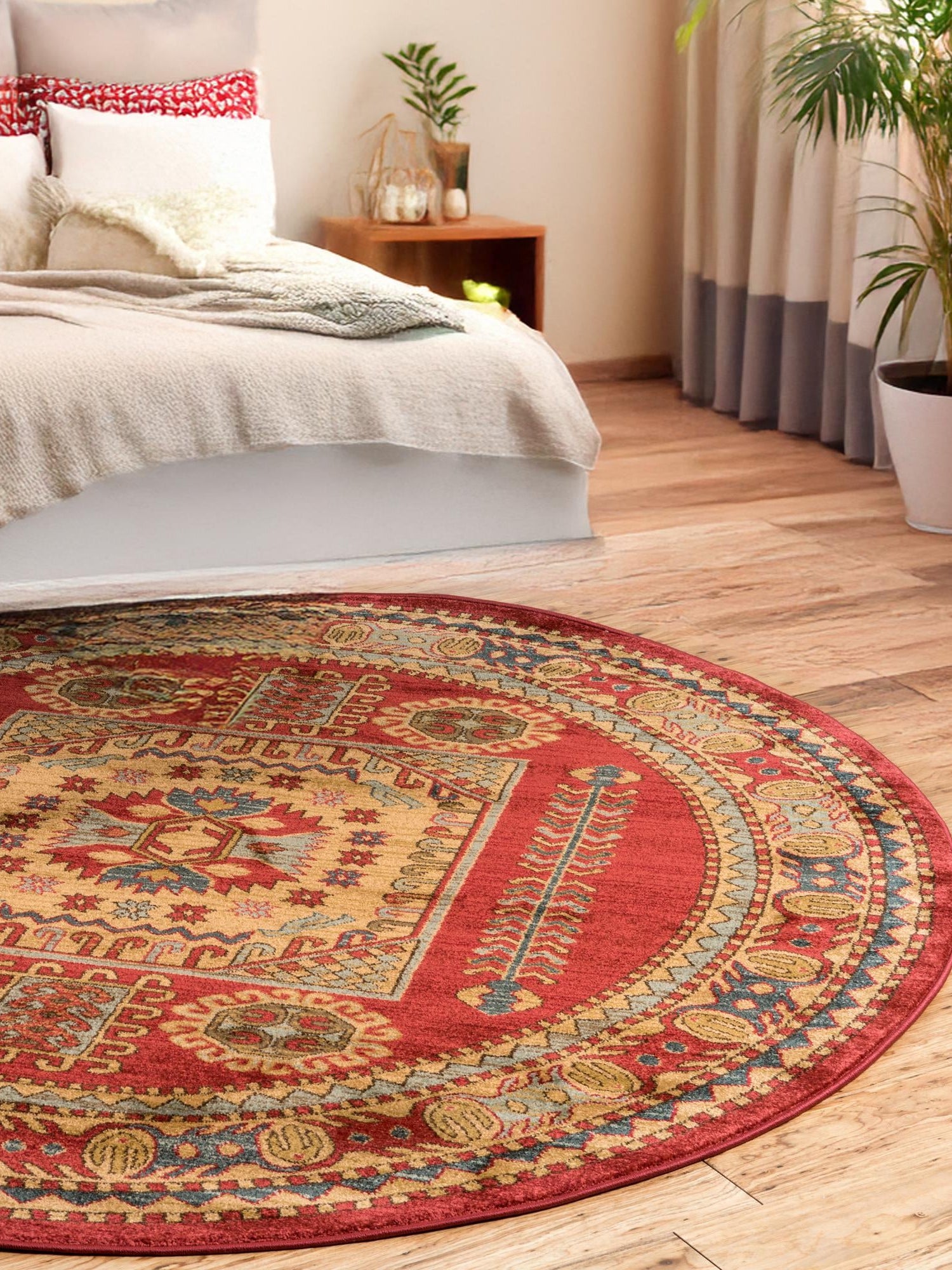 Red 6' 1 x 6' 1 Sahand Round Area Rug Affordable Easy Clean Traditional Design Durable Carpet for Home Interior Design Living Room Dining Office for Sale at Rug Engine