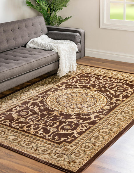 Brown 6' 1 x 9' Versailles Rectangle Area Rug Classic Traditional Motif Indoor Carpet for Hallways, Dining Rooms, Bedrooms, Living Room, Office for Sale at Rug Engine