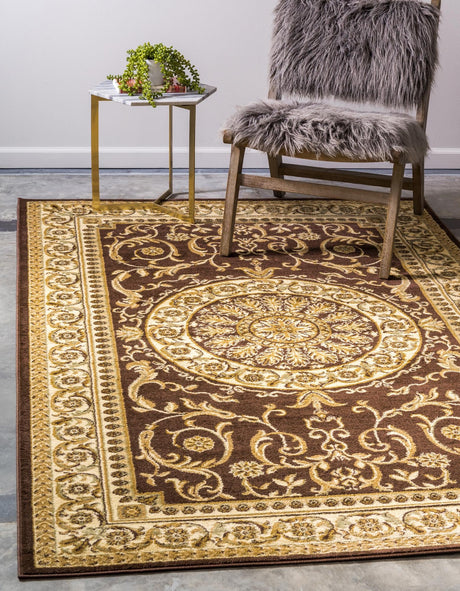 Brown 6' 1 x 9' Versailles Rectangle Area Rug Classic Traditional Motif Indoor Carpet for Hallways, Dining Rooms, Bedrooms, Living Room, Office for Sale at Rug Engine
