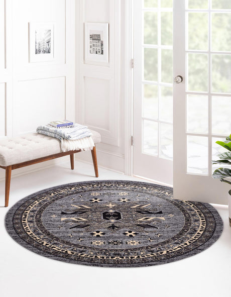 Gray 7' 10 x 7' 10 Taftan Round Area Rug Durable 100% Polypropylene Classic Traditional Design Easy Clean Carpet for Home Interiors for Sale at Rug Engine