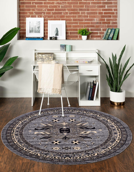 Gray 7' 10 x 7' 10 Taftan Round Area Rug Durable 100% Polypropylene Classic Traditional Design Easy Clean Carpet for Home Interiors for Sale at Rug Engine