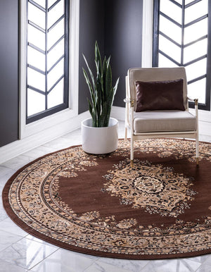 Brown 5' 3 x 5' 3 Reza Round Area Rug 100% Polypropylene Easy Clean Traditional Motif Classic Carpet for Home Interiors for Sale at Rug Engine