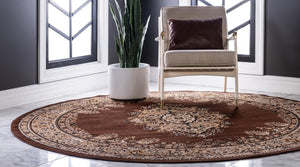 Brown 5' 3 x 5' 3 Reza Round Area Rug 100% Polypropylene Easy Clean Traditional Motif Classic Carpet for Home Interiors for Sale at Rug Engine