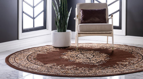 Brown 6' 1 x 6' 1 Reza Round Area Rug 100% Polypropylene Easy Clean Traditional Motif Classic Carpet for Home Interiors for Sale at Rug Engine