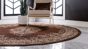 Brown 10' x 10' Reza Round Area Rug 100% Polypropylene Easy Clean Traditional Motif Classic Carpet for Home Interiors for Sale at Rug Engine