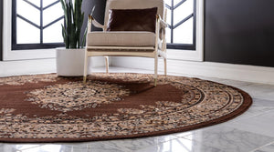 Brown 6' 1 x 6' 1 Reza Round Area Rug 100% Polypropylene Easy Clean Traditional Motif Classic Carpet for Home Interiors for Sale at Rug Engine