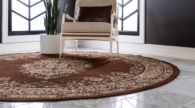 Brown 6' 1 x 6' 1 Reza Round Area Rug 100% Polypropylene Easy Clean Traditional Motif Classic Carpet for Home Interiors for Sale at Rug Engine