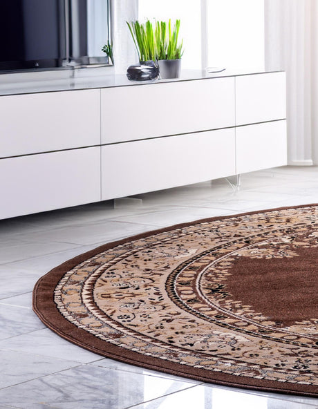Brown 5' 3 x 5' 3 Reza Round Area Rug 100% Polypropylene Easy Clean Traditional Motif Classic Carpet for Home Interiors for Sale at Rug Engine