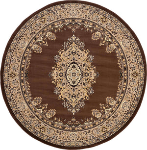Brown 7' 10 x 7' 10 Reza Round Area Rug 100% Polypropylene Easy Clean Traditional Motif Classic Carpet for Home Interiors for Sale at Rug Engine