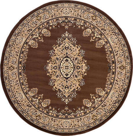 Brown 7' 10 x 7' 10 Reza Round Area Rug 100% Polypropylene Easy Clean Traditional Motif Classic Carpet for Home Interiors for Sale at Rug Engine