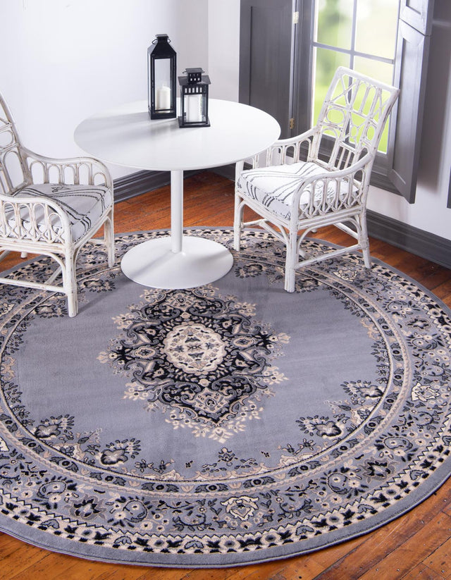 Gray 7' 10 x 7' 10 Reza Round Area Rug 100% Polypropylene Easy Clean Traditional Motif Classic Carpet for Home Interiors for Sale at Rug Engine