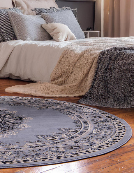 Gray 7' 10 x 7' 10 Reza Round Area Rug 100% Polypropylene Easy Clean Traditional Motif Classic Carpet for Home Interiors for Sale at Rug Engine