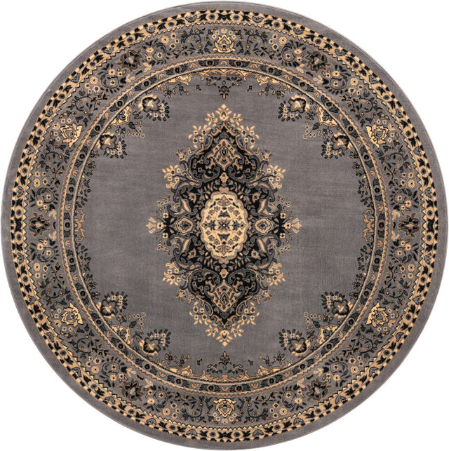Gray 7' 10 x 7' 10 Reza Round Area Rug 100% Polypropylene Easy Clean Traditional Motif Classic Carpet for Home Interiors for Sale at Rug Engine