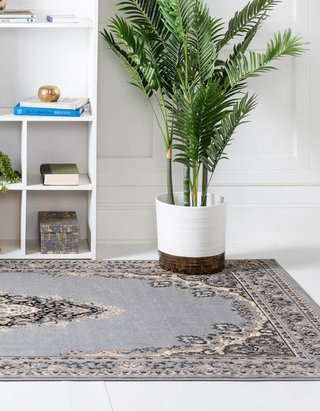 Gray 6' 1 x 9' Reza Rectangle Area Rug 100% Polypropylene Easy Clean Traditional Motif Classic Carpet for Home Interiors for Sale at Rug Engine