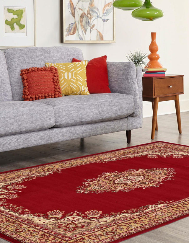 Burgundy 4' 1 x 6' 1 Reza Rectangle Area Rug 100% Polypropylene Easy Clean Traditional Motif Classic Carpet for Home Interiors for Sale at Rug Engine