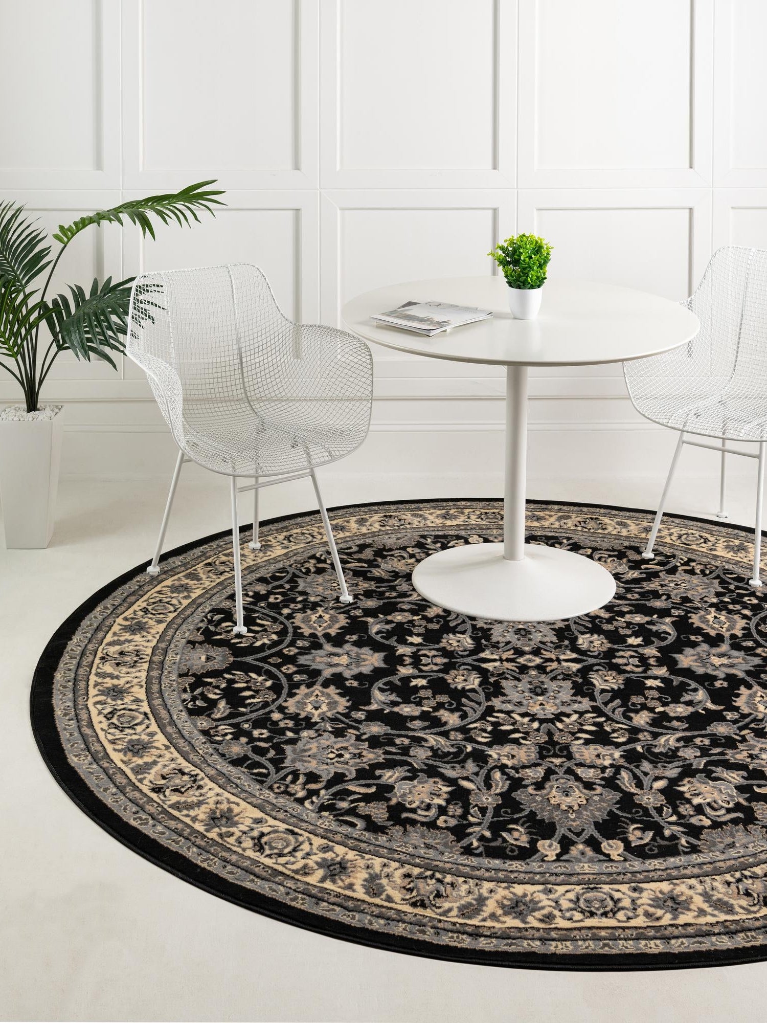 Black 4' 1 x 4' 1 Sialk Hill Round Area Rug 100% Polypropylene Durable Easy Clean Classic Traditional Design Carpet for Interior Design for Sale at Rug Engine
