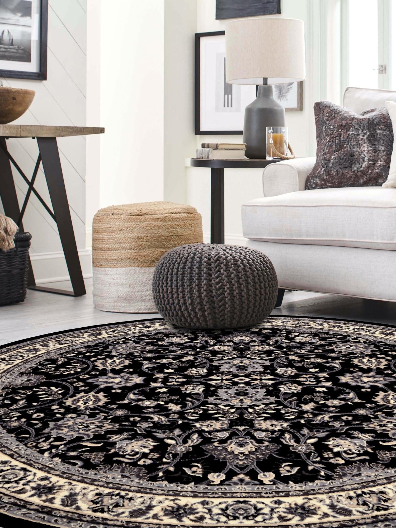 Black 10' x 10' Sialk Hill Round Area Rug 100% Polypropylene Durable Easy Clean Classic Traditional Design Carpet for Interior Design for Sale at Rug Engine