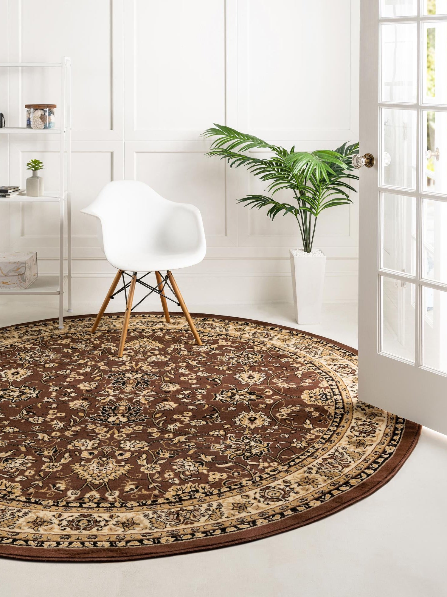 Brown 5' 3 x 5' 3 Sialk Hill Round Area Rug 100% Polypropylene Durable Easy Clean Classic Traditional Design Carpet for Interior Design for Sale at Rug Engine