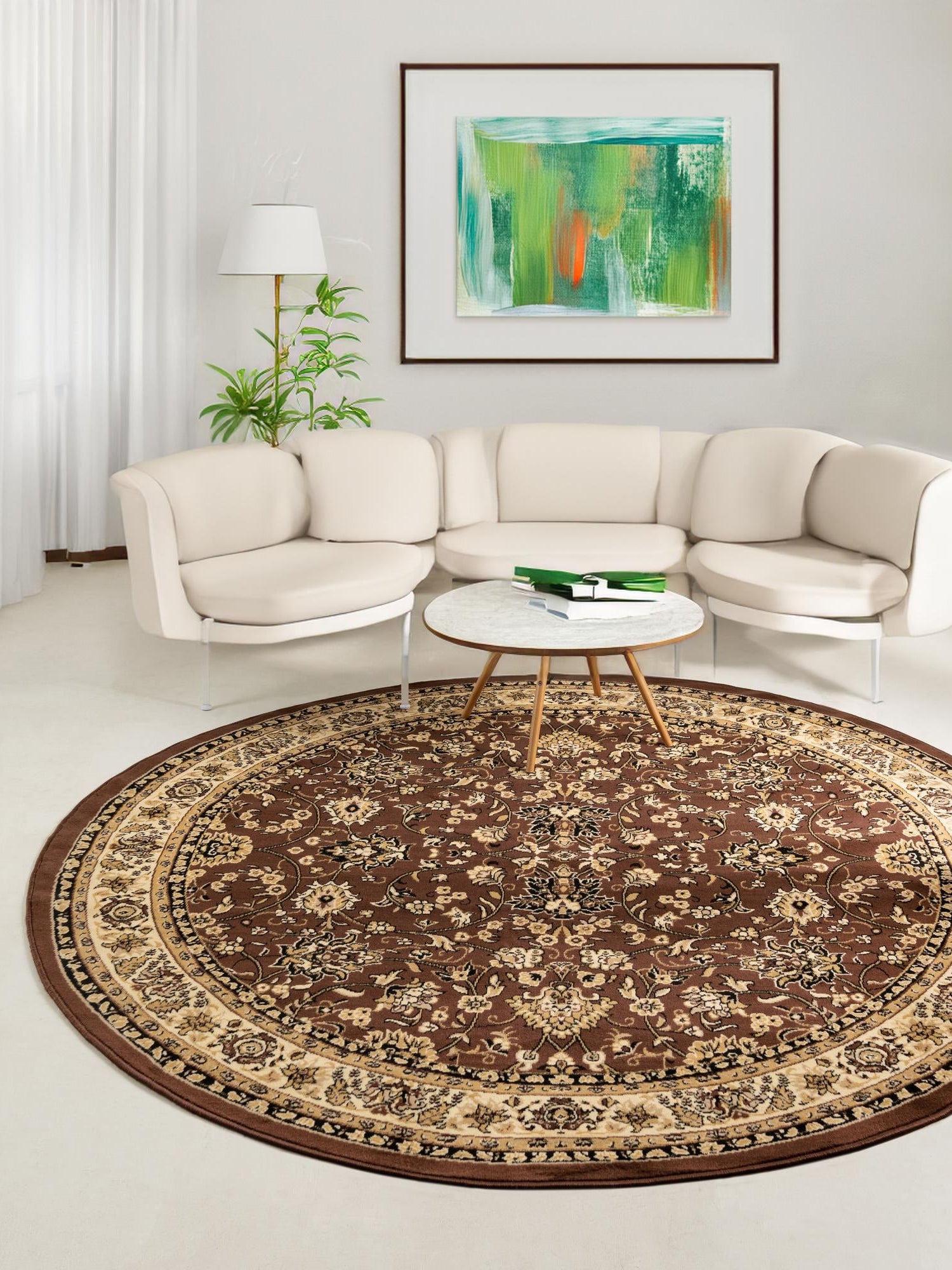 Brown 5' 3 x 5' 3 Sialk Hill Round Area Rug 100% Polypropylene Durable Easy Clean Classic Traditional Design Carpet for Interior Design for Sale at Rug Engine