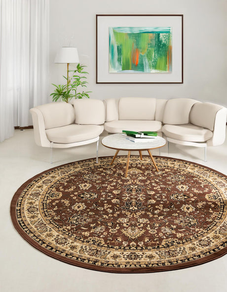 Brown 5' 3 x 5' 3 Sialk Hill Round Area Rug 100% Polypropylene Durable Easy Clean Classic Traditional Design Carpet for Interior Design for Sale at Rug Engine