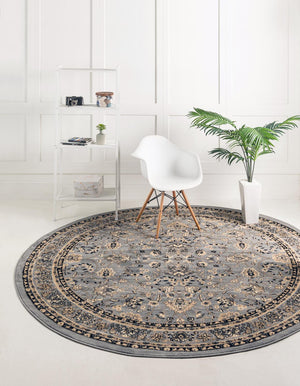 Gray 3' 1 x 3' 1 Sialk Hill Round Area Rug 100% Polypropylene Durable Easy Clean Classic Traditional Design Carpet for Interior Design for Sale at Rug Engine