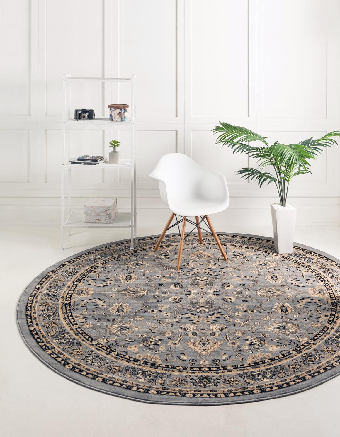 Gray 4' 1 x 4' 1 Sialk Hill Round Area Rug 100% Polypropylene Durable Easy Clean Classic Traditional Design Carpet for Interior Design for Sale at Rug Engine