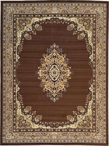 Brown 10' x 13' 1 Reza Rectangle Area Rug 100% Polypropylene Easy Clean Traditional Motif Classic Carpet for Home Interiors for Sale at Rug Engine