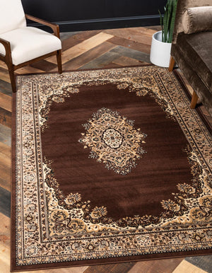 Brown 5' 3 x 7' 1 Reza Rectangle Area Rug 100% Polypropylene Easy Clean Traditional Motif Classic Carpet for Home Interiors for Sale at Rug Engine
