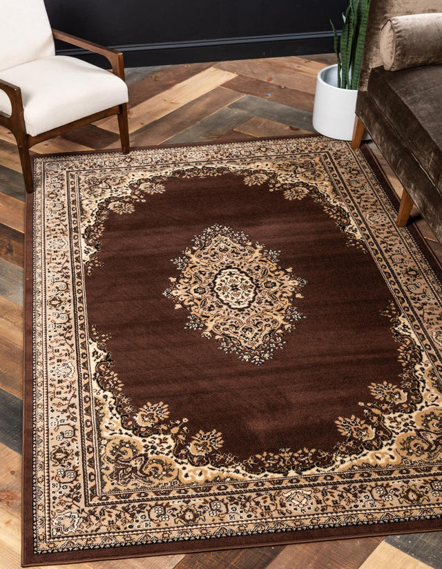 Brown 5' 3 x 7' 1 Reza Rectangle Area Rug 100% Polypropylene Easy Clean Traditional Motif Classic Carpet for Home Interiors for Sale at Rug Engine