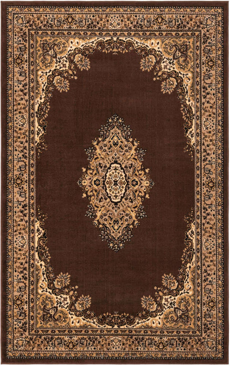 Brown 5' 3 x 8' Reza Rectangle Area Rug 100% Polypropylene Easy Clean Traditional Motif Classic Carpet for Home Interiors for Sale at Rug Engine