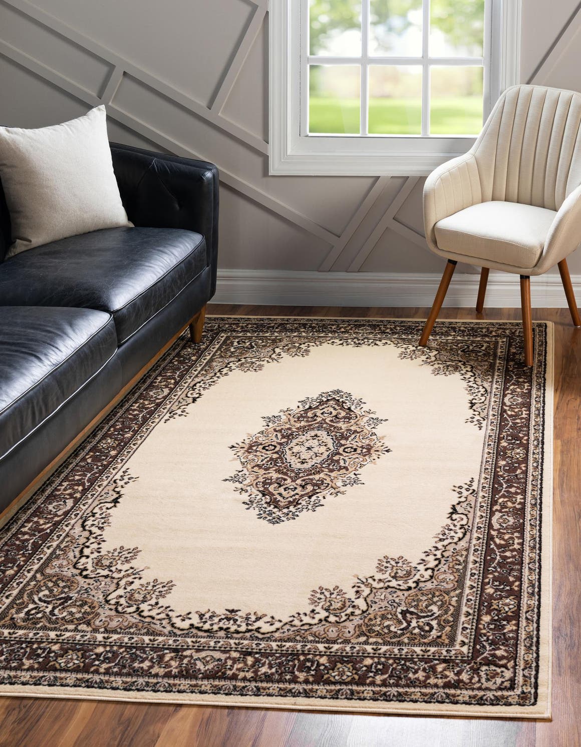 Ivory 4' 1 x 6' 1 Reza Rectangle Area Rug 100% Polypropylene Easy Clean Traditional Motif Classic Carpet for Home Interiors for Sale at Rug Engine
