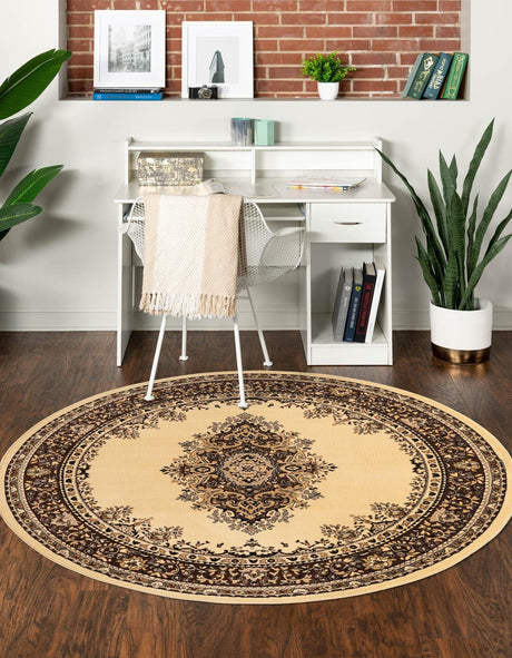 Ivory 7' 10 x 7' 10 Reza Round Area Rug 100% Polypropylene Easy Clean Traditional Motif Classic Carpet for Home Interiors for Sale at Rug Engine
