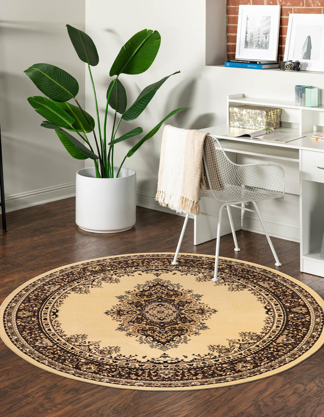 Ivory 7' 10 x 7' 10 Reza Round Area Rug 100% Polypropylene Easy Clean Traditional Motif Classic Carpet for Home Interiors for Sale at Rug Engine